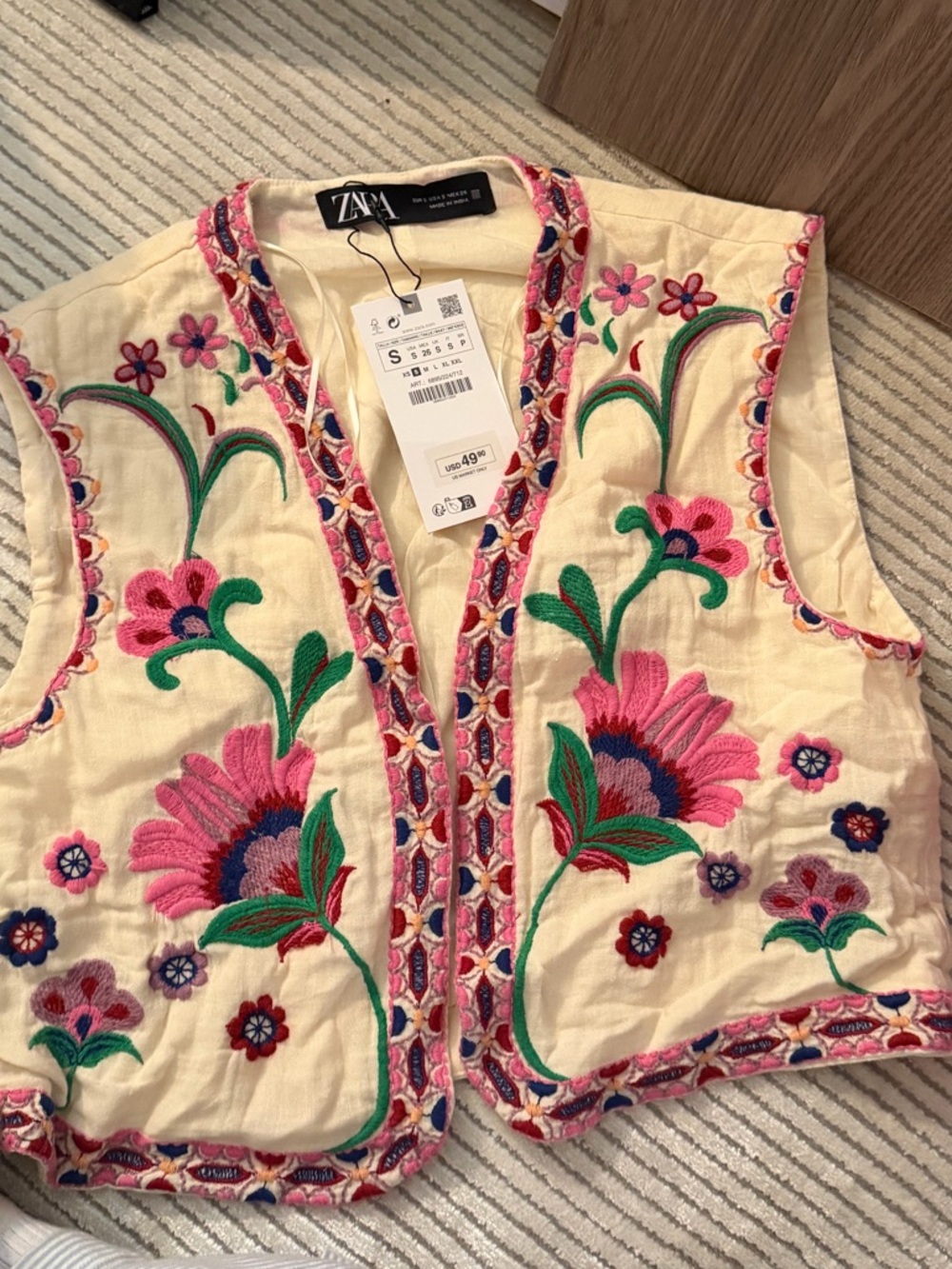 Zara Cream Embroidered Floral Vest with Pink & Green Accents